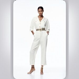 Zara Women's Cream Jumpsuit with Button Details